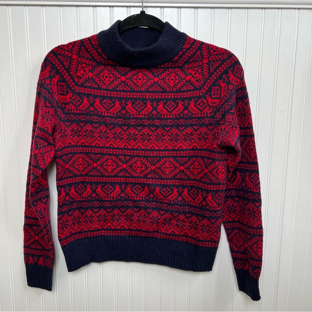 J. Crew AF009 Red & Blue Cheerful Fair Isle Mock Neck Sweater Women’s Size XS - Picture 2 of 5